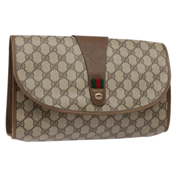 GUCCI GG Supreme Web Sherry Line Clutch Bag PVC Beige Gold 89 01 031 Auth 129766 - Picture 1 of 16